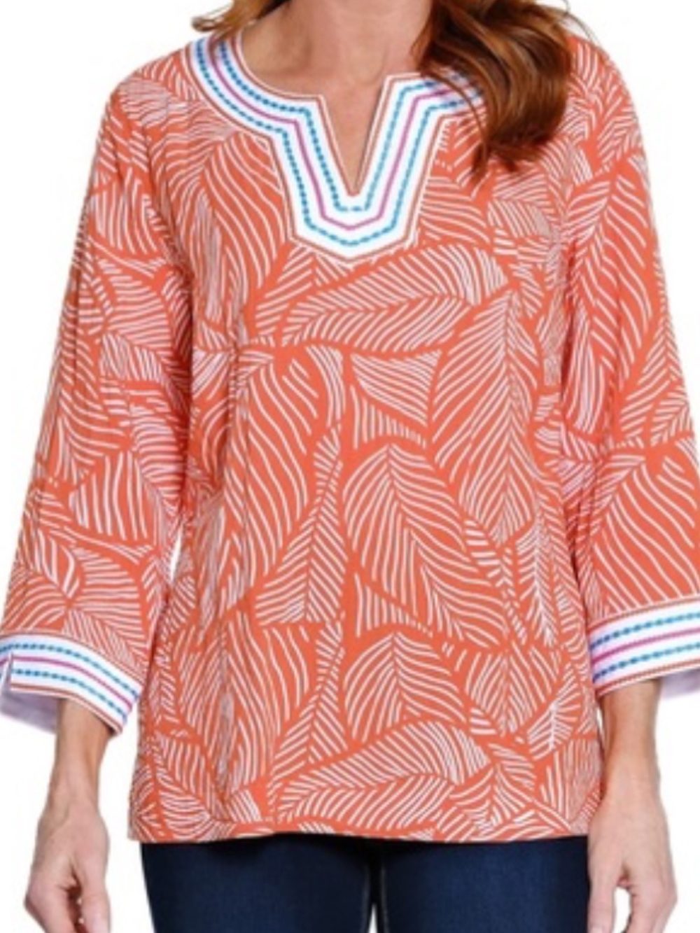 John Mark Orange and White Leaf-Print Embroidered V-Neck Tunic NWT Size OX